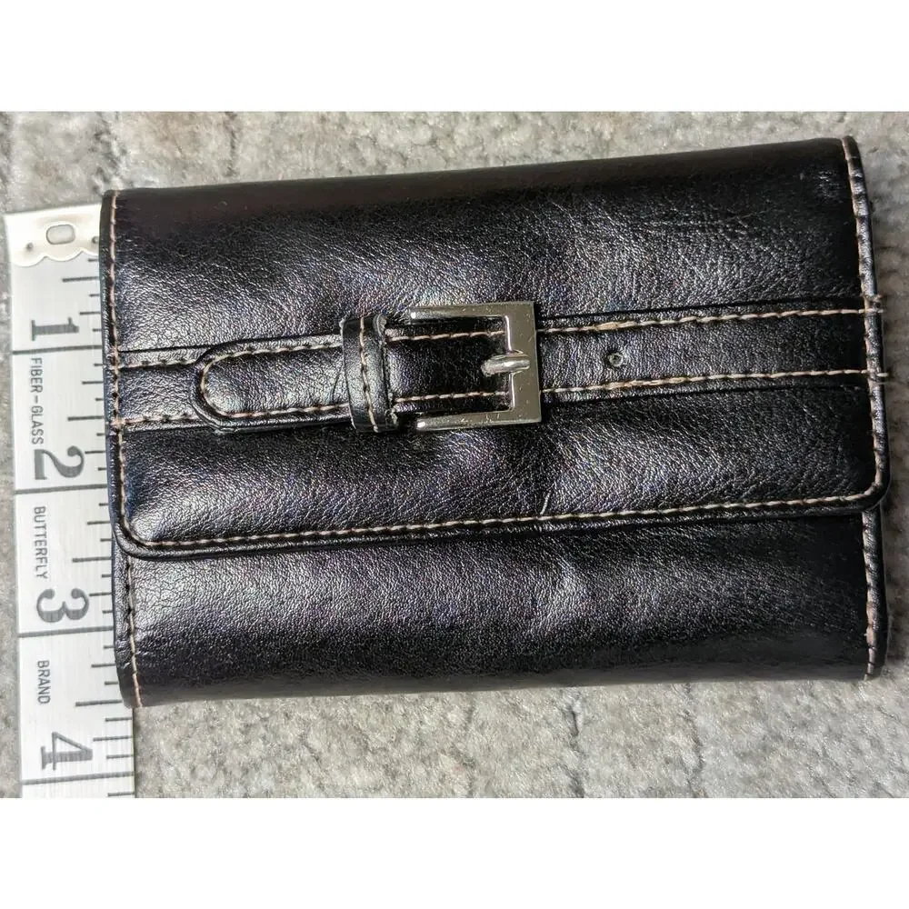 Wilsons Black Leather Trifold Wallet WOMENS SMALL buckle white stitch minimalist